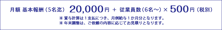 月額 基本報酬（5名迄） 20,000円 ＋ 従業員数（6名～）× 500円（税別）　※ 賞与計算は１支払につき、月例給与１か月分となります。　※ 年末調整は、ご依頼の内容に応じてお見積りとなります。