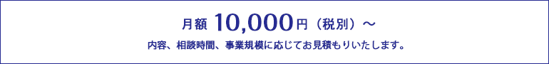 月額 10,000円（税別）～　内容、相談時間、事業規模に応じてお見積もりいたします。